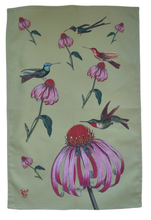 Load image into Gallery viewer, Echinacea & Hummingbirds Floral Botanical Green Tea Towel Antique Print