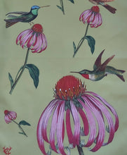 Load image into Gallery viewer, Echinacea & Hummingbirds Floral Botanical Green Tea Towel Antique Print