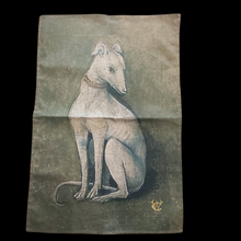 Load image into Gallery viewer, Medieval Italian Greyhound Tea Towel taken from Hieronymus Bosch painting from c1475 100% cotton