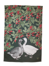 Load image into Gallery viewer, Luxury Tea Towel Antique Print Geese and Rosehips on Green