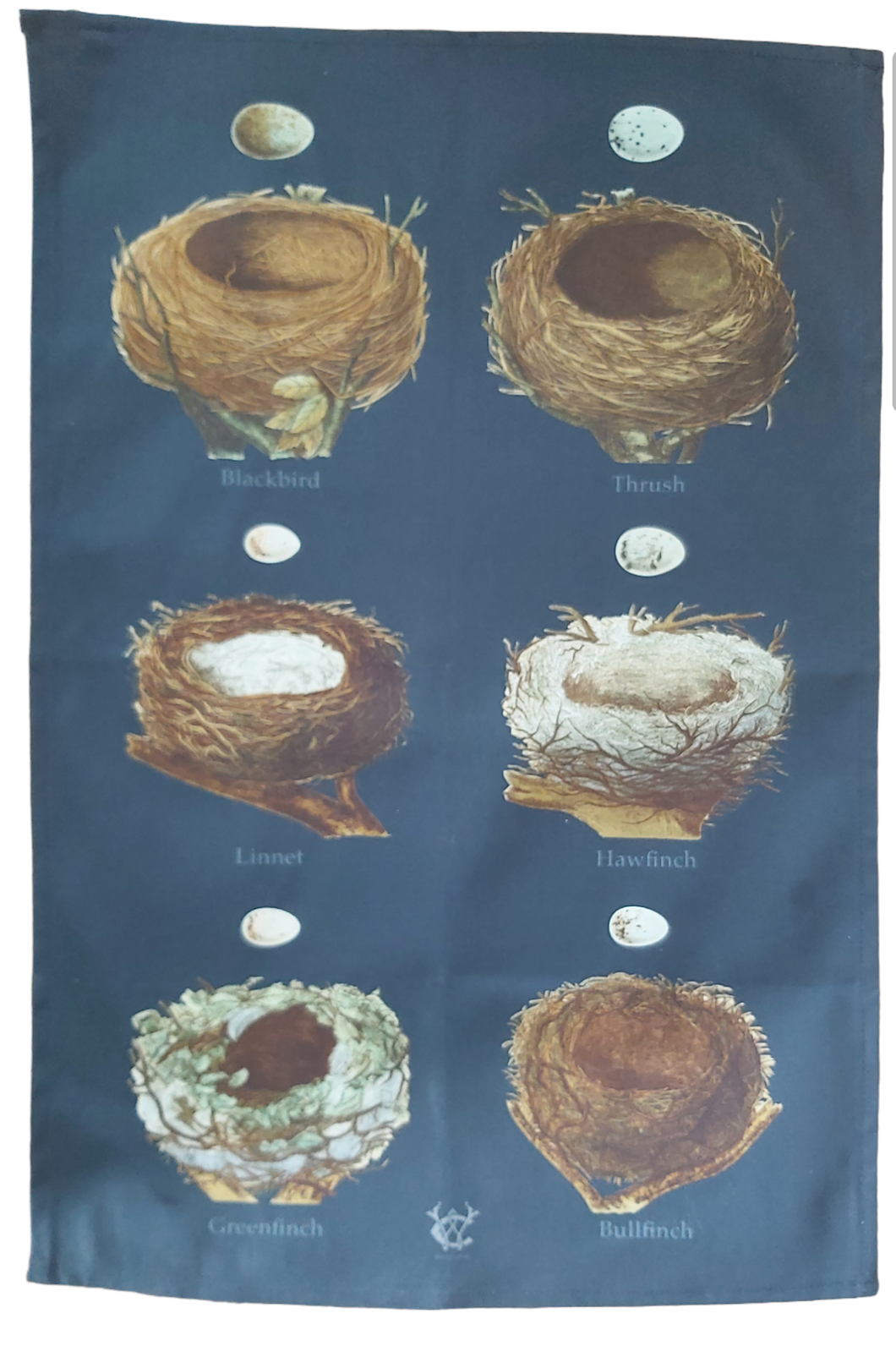 Bird Nests Antique Print Tea Towel Navy Background 1890s Ornithology
