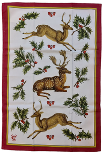 Christmas Deer & Holly Antique Print Tea Towel 100% Cotton