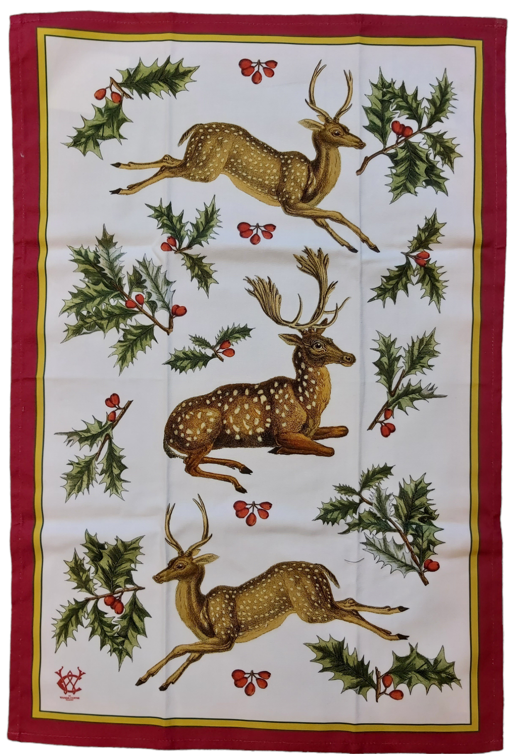 Christmas Deer & Holly Antique Print Tea Towel 100% Cotton