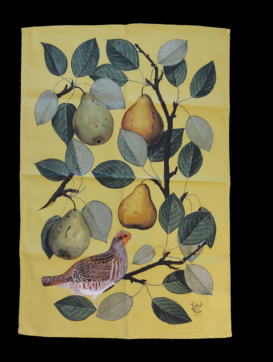 Partridge in a Pear Tree Antique Print Tea Towel 100% Cotton UK Made Green