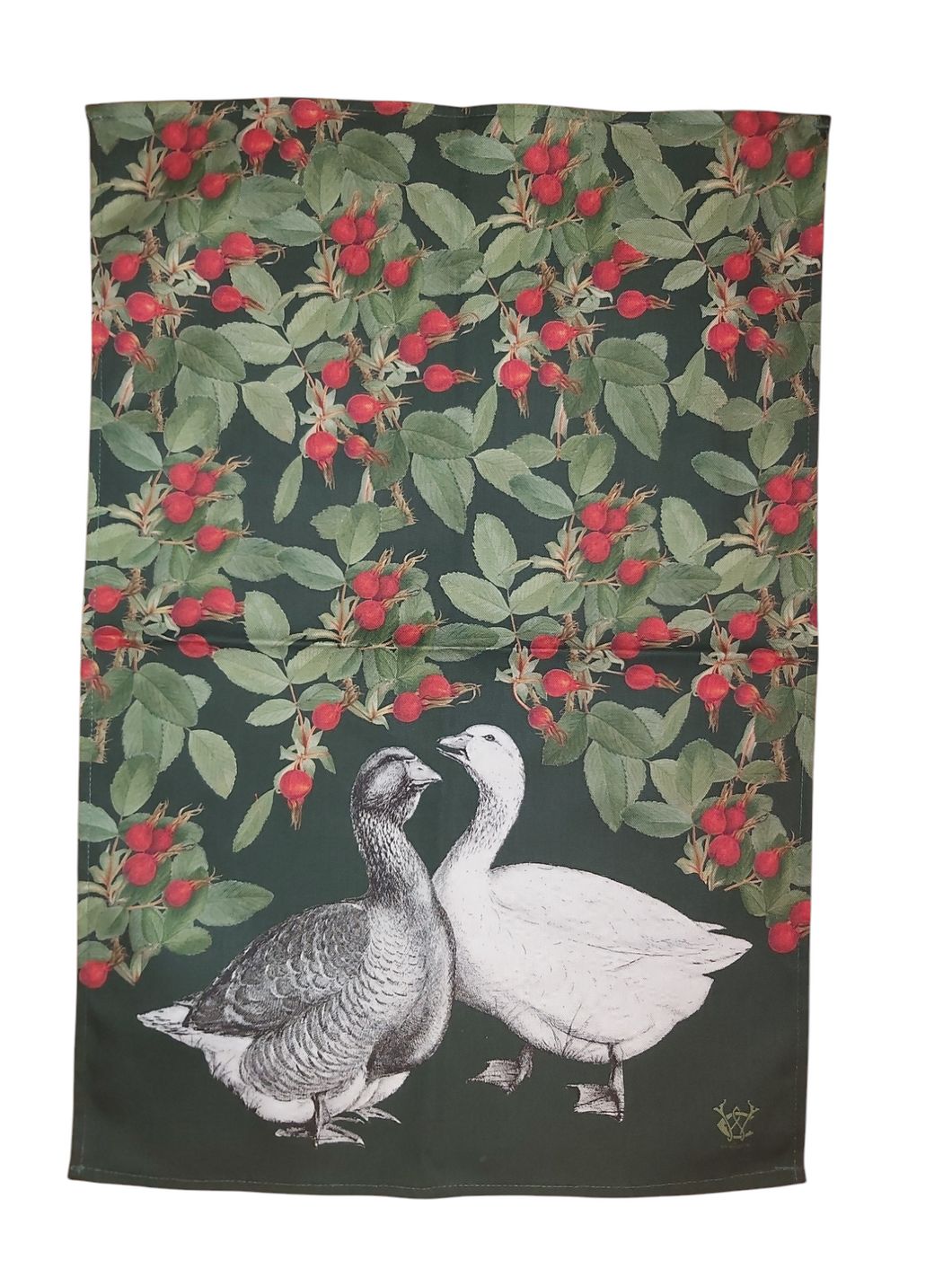 Luxury Tea Towel Antique Print Geese and Rosehips on Green