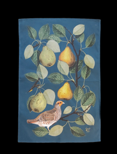 Load image into Gallery viewer, Partridge in a Pear Tree Antique Print Tea Towel 100% Cotton UK Made Navy
