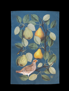 Partridge in a Pear Tree Antique Print Tea Towel 100% Cotton UK Made Navy