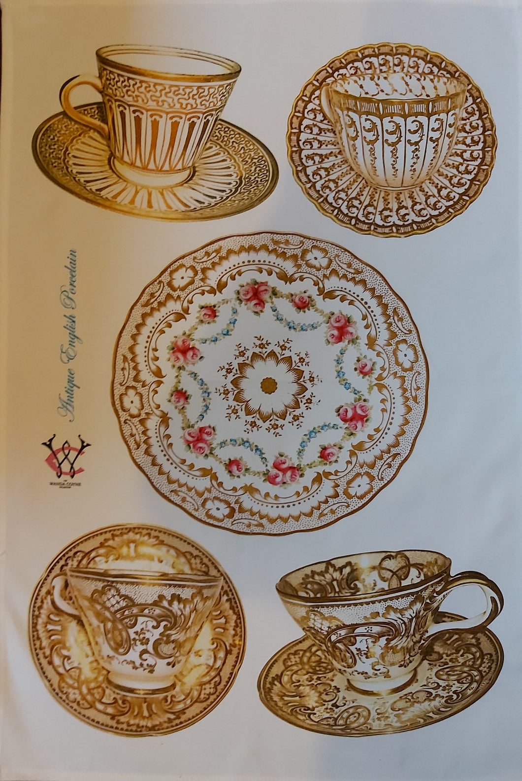 Antique English Gold Cups and Saucers Tea Towel