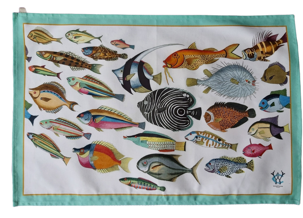 Multicoloured Tea Towel Shoal of Unusual Tropical Fish Antique Print UK Made 100% Cotton