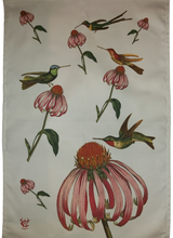 Load image into Gallery viewer, Echinacea &amp; Hummingbirds Floral Botanical Tea Towel Antique Print
