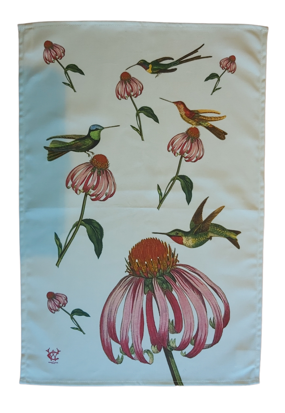 Echinacea & Hummingbirds Floral Botanical Tea Towel Antique Print