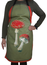 Load image into Gallery viewer, Amanita Muscaria Mushroom Apron Olive,  Illustration from Leon Dufour 1891
