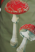 Load image into Gallery viewer, Amanita Muscaria Mushroom Apron Olive,  Illustration from Leon Dufour 1891
