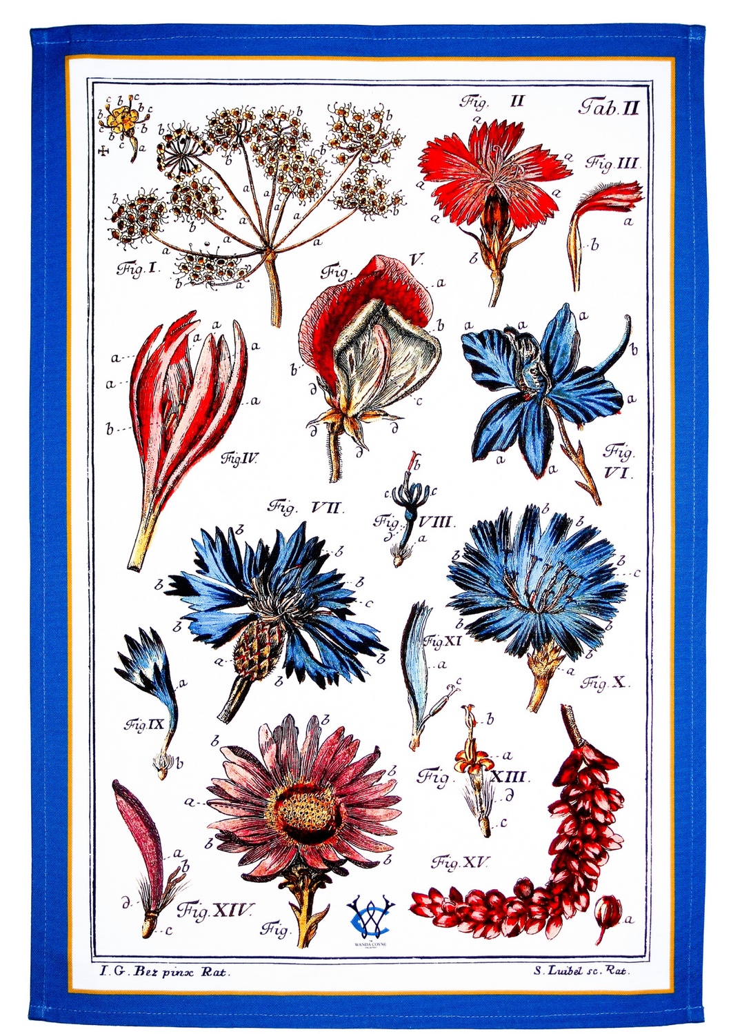 Colourful Botanical Floral Antique print Tea Towel Blue Border Luxury Cotton UK
