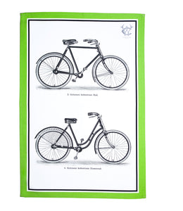 Colourful Antique Bicycle Tea Towel,  Print His & Hers Green Edge,  Luxury Cotton Gift Kitchen linen