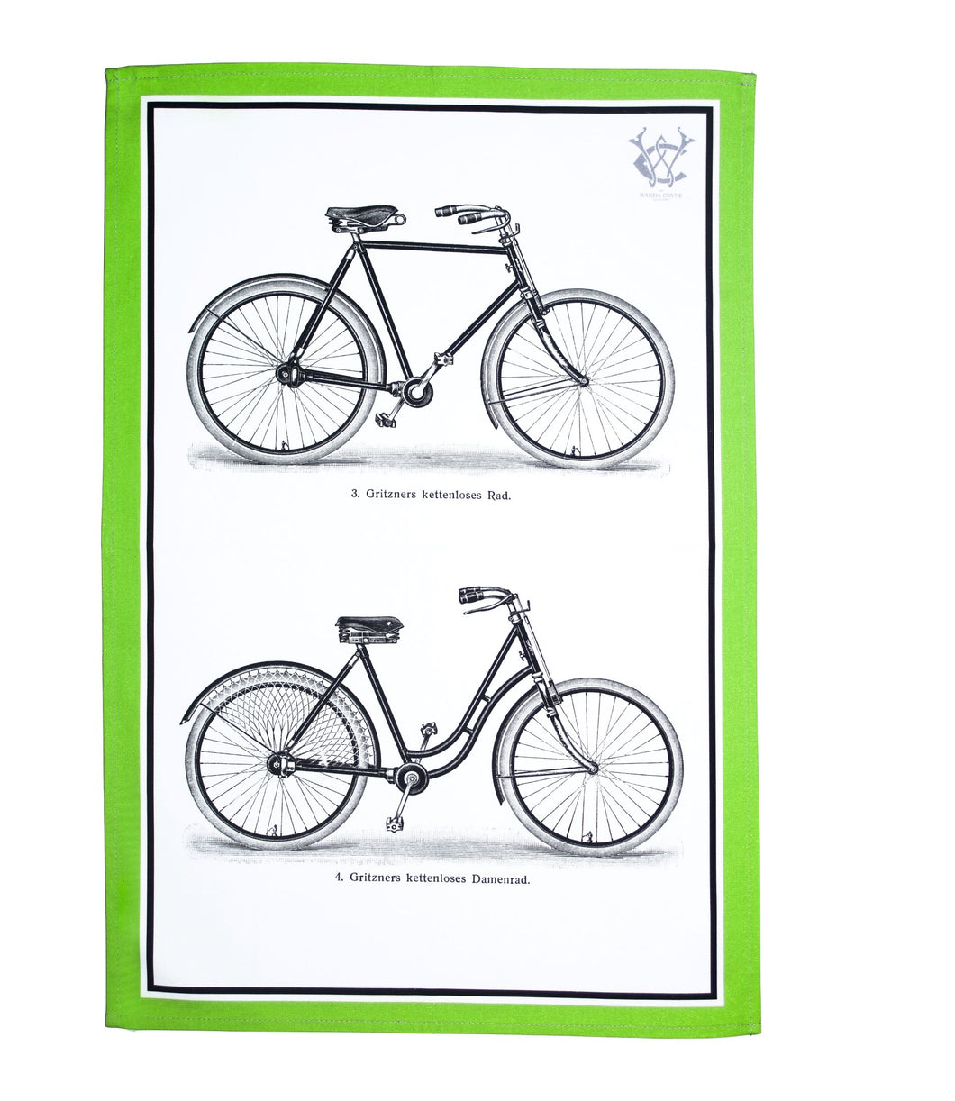 Colourful Antique Bicycle Tea Towel,  Print His & Hers Green Edge,  Luxury Cotton Gift Kitchen linen